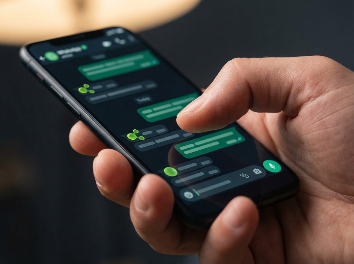 Mão segurando smartphone com interface de chat no WhatsApp dark mode mostrando registro de transações