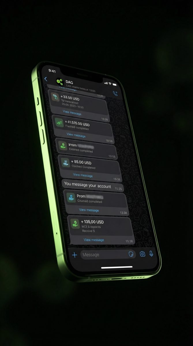 Interface do DAG Financeiro no WhatsApp mostrando registros de transações em tempo real