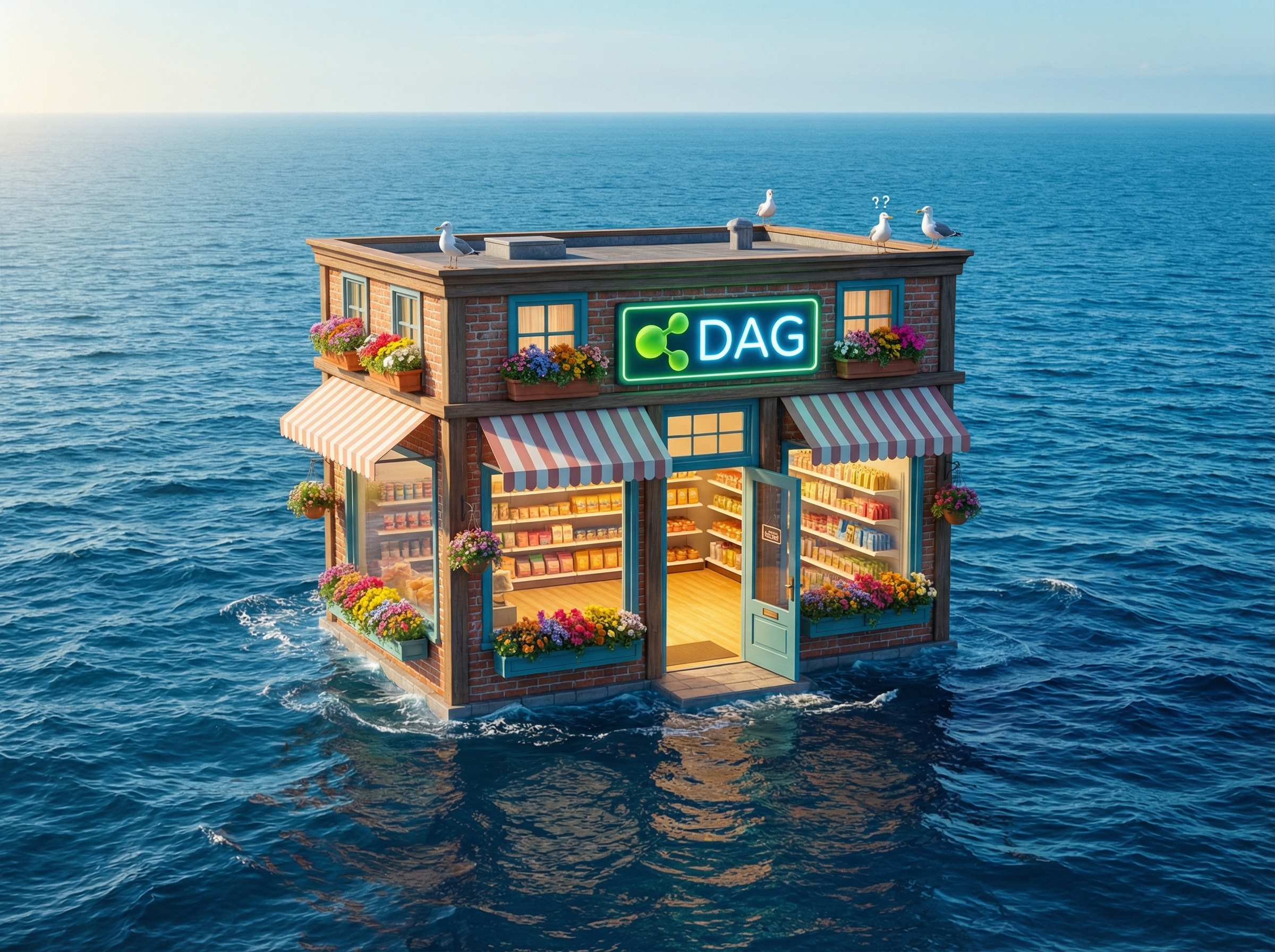 Loja bem decorada localizada no meio do oceano, sem nenhum cliente — ilustração cômica da invisibilidade digital