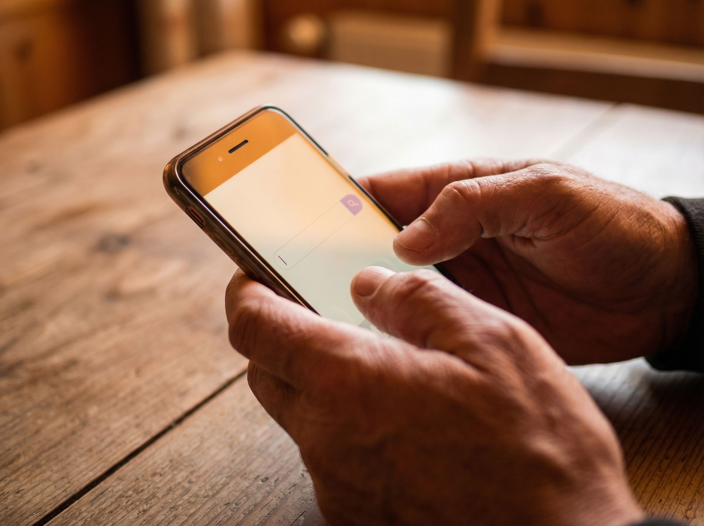 Mãos digitando no smartphone com barra de busca do Google aberta — o momento de decisão do consumidor